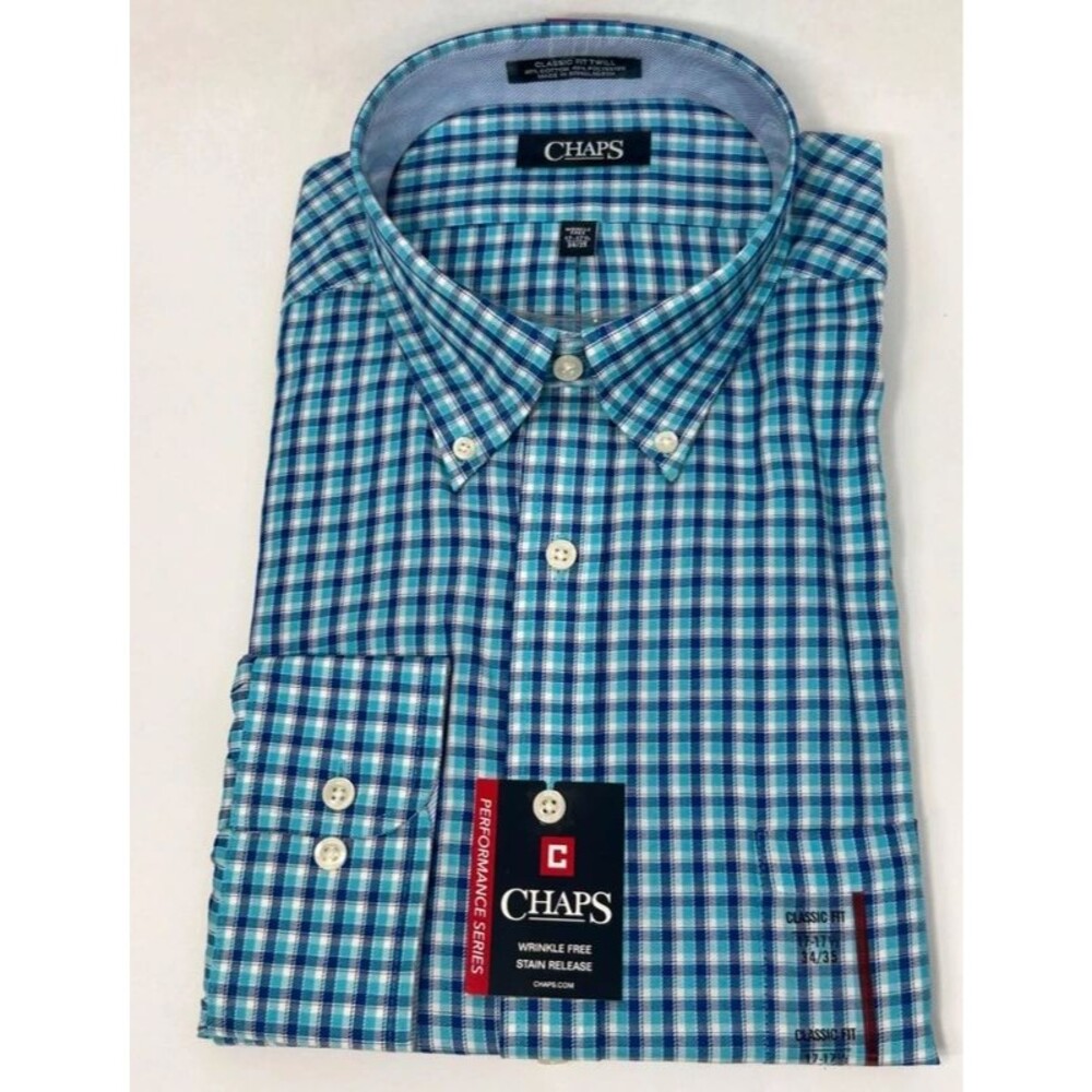 CHAPS Twill Men’s Shirt XL Aqua Long Sleeve Button Down Check